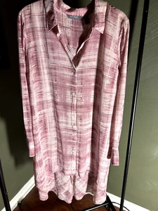 Women's Lisa Rinna Collection Plaid Button Front Hi-Low Hem Top Pink PLAID SZ L - Picture 1 of 8
