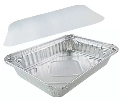 Handi-Foil 1 1/2 lb. Sartén para llevar oblonga poco profunda de aluminio con tapa de tablero 100/PK Foto 1 de 4