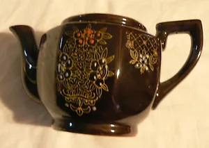 TETERA OCTÁGONA VINTAGE MARRÓN REDWARE ESMALTADA CON TAPA DISEÑO DE FLORES TÉ JAPÓN - Imagen 1 de 6