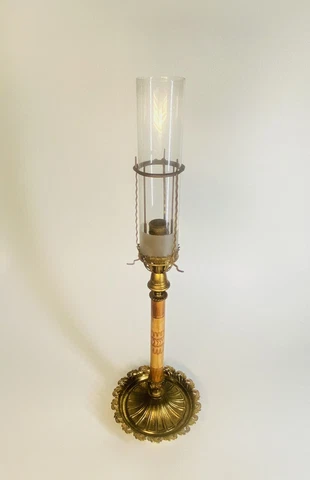 Victorian Brass Wood Welsbach Gas Light with Original Glass Globe Cover