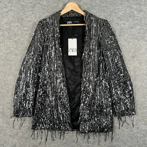 Zara Blazer Womens Small Grey Sequin Fringed Black Open Collar Jacket NEW - Picture 1 of 10