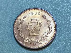 1939 Mo Mexico 2 Centavos Red /RB Brilliant UNCIRCULATED Bronze Coin KM#419 - Picture 1 of 4