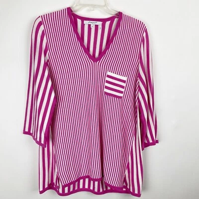 Foxcroft NYC Pink White Stripe VNeck Pullover Tunic Length Sweater Womens M - Image 1 of 4