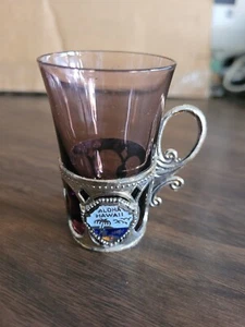 Vintage Hawaii Shot Glass Shooter w/ Metal Holder Japan Purple Glass - Picture 1 of 5