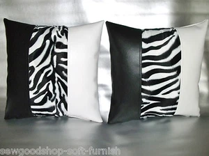 2 White & Black Faux Leather Velboa Faux Fur Zebra Cushion Covers 16" 18" 20" - Picture 1 of 2