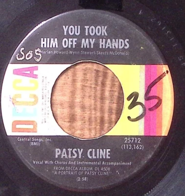 PATSY CLINE DOES YOUR HEART BEAT FOR ME/YOU TOOK HIM OFF MY HAND VINYL 45 54-104 - Image 1 of 3