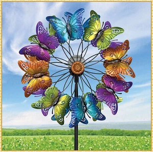 Solar Colorful Metallic Butterfly Kinetic Double Wind Spinner Stake Yard Decor - Picture 1 of 6