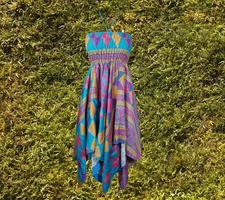 Women's Floral Summer Halter Dress, Blue Bohemian Recycled Handmade Travel S/M