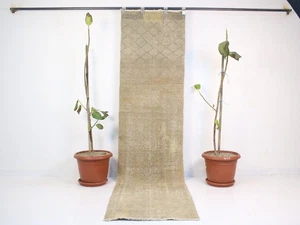 Vintage Turkish Runner Rug 2.2 x 8.9 ft – Handwoven Beige Brown Oushak Carpet - Picture 1 of 10