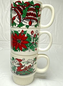 Set aus 3 Vintage stapelbaren Weihnachten Kaffeetassen Tassen 6 Unzen markiert Japan - Bild 1 von 10