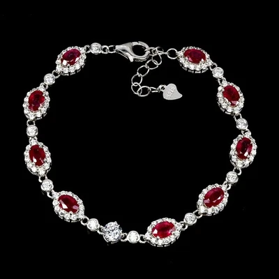 925 Sterling Silver Bracelet Oval Ruby 6x4mm Natural Gemstone Jewelry 7 Inches - Image 1 of 4