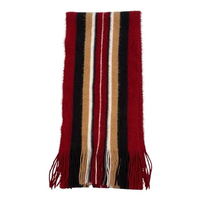 Cejon Striped Scarf Burgundy Black Tan Cream Fringed Acrylic Soft Fuzzy 70x8 - Image 1 of 4