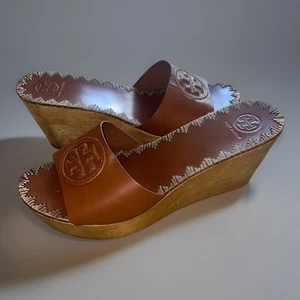 Braune Tory Burch Keilabsatz Plateau Leder Sandalen Flip Flop Gr. 11 M - Bild 1 von 10