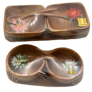 Vtg Monkey Pod Mini Wood Bowl Set Trays Spoons Hand Carved Tiki Luau Party New - Picture 1 of 10