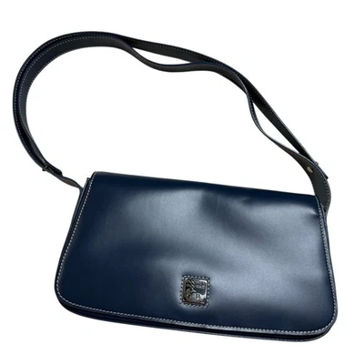 Bolso de Hombro Dooney Bourke Alto Cuero Azul Marino Blanco Costuras Solapa Clásica Foto 1 de 4