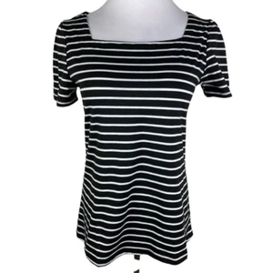 Striped Square Neck Short Sleeve Blouse Women's Small Black White - Picture 1 of 8