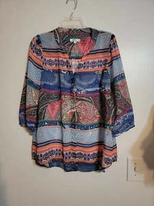 Jade Melody Tam Women Size L Blue Paisley Blouse Embellished 3/4 Sleeves Sheer - Picture 1 of 7