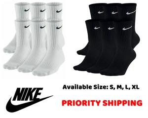 3 or 6 Pack Nike Cotton Men Women Unisex Crew Socks Black/White - S M L XL - Picture 1 of 4