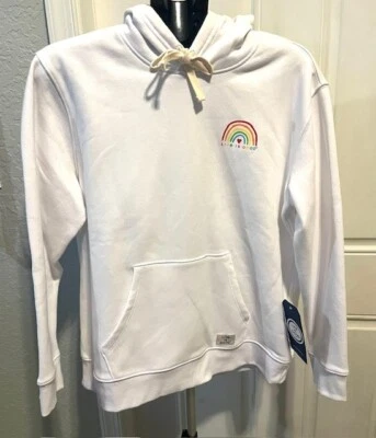 NUEVO CON ETIQUETAS Life is Good Para Mujer L Polar Sudadera con Capucha Blanca CORAZÓN ARCO IRIS Love Sudadera Foto 1 de 4