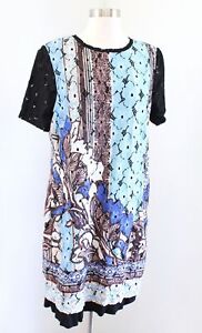 Hale Bob Sage Floral Printed Short Sleeve Lace Shift Dress Size L Black Blue