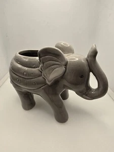 Glückselefant Übertopf Vase grauer Rüssel oben grau Keramik Bambus Sukkulenten 5" - Bild 1 von 6