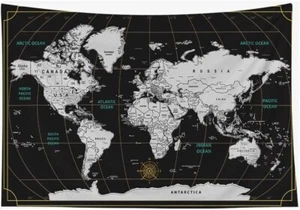 Weltkarte 80" L x 60" B schwarz weiß 2 Wandteppich Wandteppich Welt - Bild 1 von 7