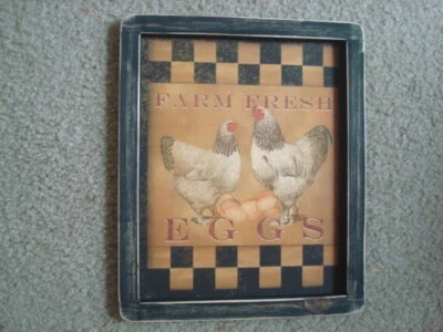 Prim Country Print ~FARM FRESH EGGS w/ 2 Chickens~ black frame 9 1/2" x 11 1/2"  - Image 1 of 3