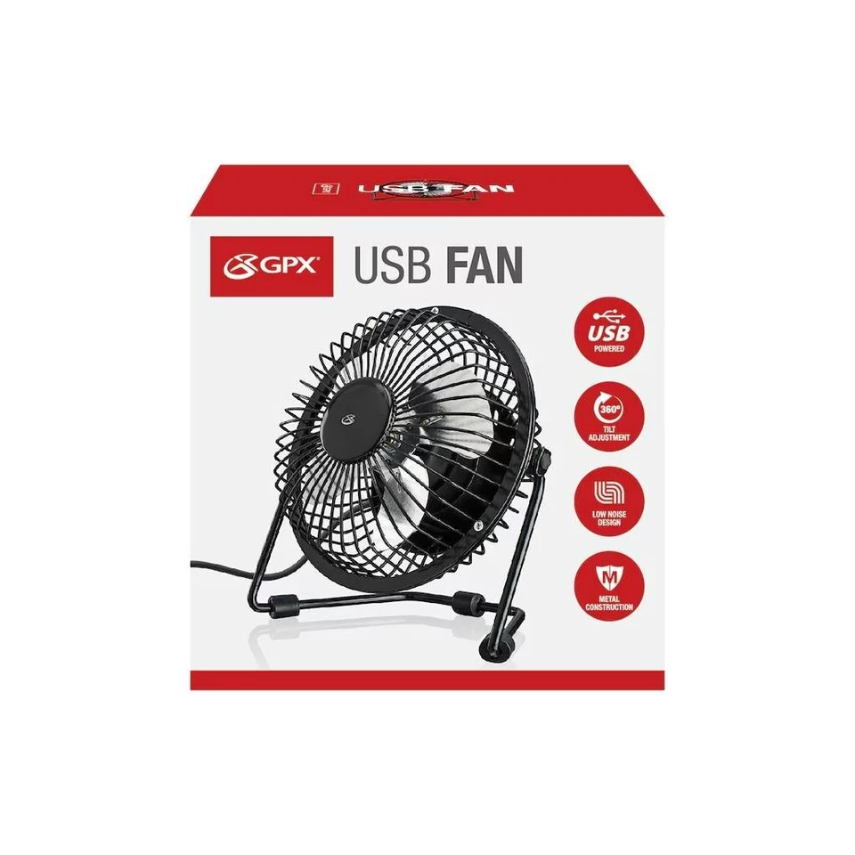 Desk Fan GPX 4 Inch USB Powered Quiet One Speed Metal Black AU25B