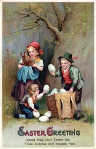 Easter Greetings Children Looking at Easter Eggs Bunny Vintage Easter Postcard - Picture 1 of 2