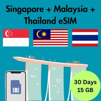 Singapore, Malaysia & Thailand Prepaid Travel eSIM Card 15GB Data 4G Lte 30 Days