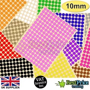 384 x 10mm Coloured DOT STICKERS Round Sticky Adhesive Spot Circles Paper Labels - Picture 1 of 15