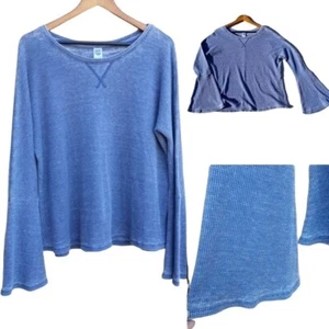 Te Verde Top Thermal Long Bell Statement Sleeve Waffle Knit Acid Wash Blue S - Picture 1 of 11