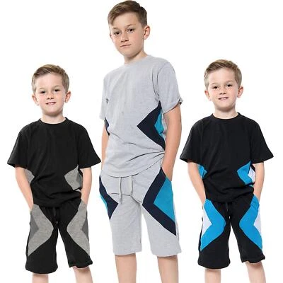 Bambini T-Shirt 100% Cotone Contrasto Pannelli Estate Top & Pantaloncini Set - Immagine 1 di 3