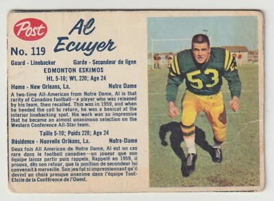 1962 Post CFL Al Ecuyer Card #119 Edmonton Eskimos Notre Dame - Image 1 of 2