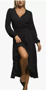 Kor Mei Size S V Neck Waist Smocked Long Sleeve Dress Black Midi Faux Wrap - Picture 1 of 11