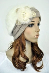 JM32 Conejo Piel y Lana Mujeres Vestido de Invierno Sombrero Gorro Gorra Adorable Flor Marfil Beige - Imagen 1 de 4