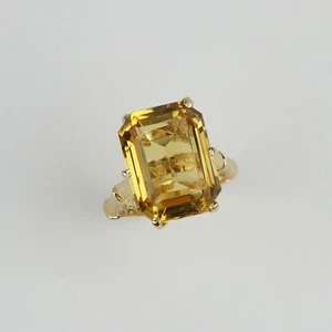Unique 14k Yellow Gold, Emerald-Cut Citrine Women's "Bamboo" Ring Size 5.5 - Picture 1 of 4