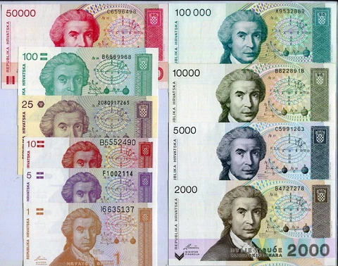Croatia Set 10 UNC 1 5 10 25 100 1000 2000 5000 100K 1991-93 P 16 - 20 & 23 - 27 Cover