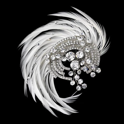 Antique 20's Style Great Gatsby Silver Crystal & Ivory Feather Bridal Hair Clip - Image 1 of 2