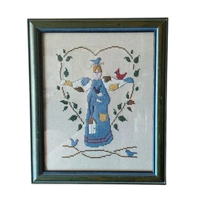 Framed Cross Stitch Sampler Folk Art Angel w Birds Heart Farmhouse Country VTG - Picture 1 of 2