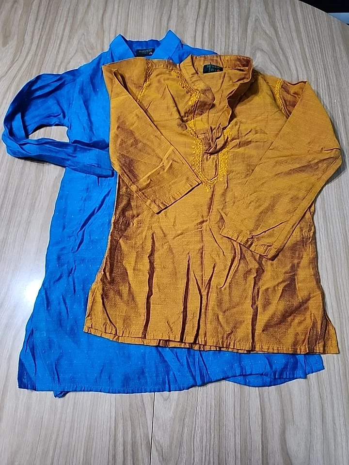 Sundari Silks Kids Shirts, Gold And Blue, 100% Silk,  Pit To Pit 13 - Image 1 of 4