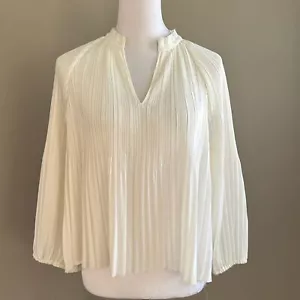 Steven Alan White Pleated V-Neck Puffy Long Sleeve Casual Top Blouse Size L - Picture 1 of 9