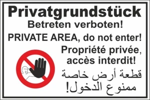 Schild Privatgrundstück Betreten verboten PVC weiß englisch arabisch französ #A6 - Bild 1 von 2