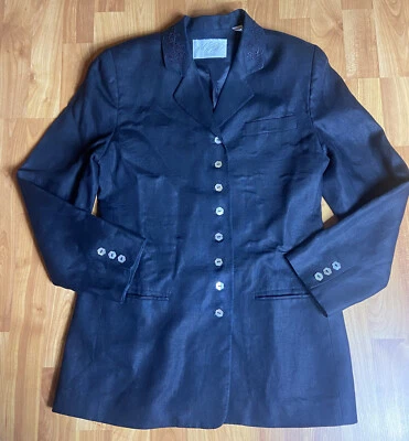 Lord & Taylor Petites Women's Linen Blazer Jacket 10 Embroidered Collar Blue Foto 1 de 4