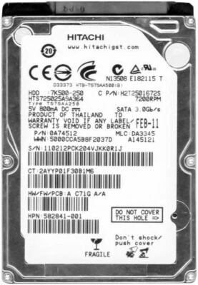 Hard Drive Hitachi Travelstar 7K500 250GB 7.2K 16MB SATA II HTS725025A9A364 2.5" - Image 1 of 3