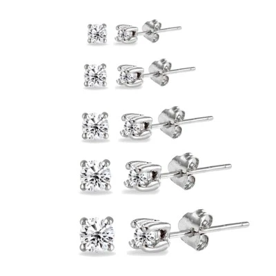 5 Pair Set 925 Silver Cubic Zirconia Round Stud Earrings, 2mm 3mm 4mm 5mm 6mm - Image 1 of 2