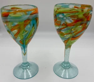 Hand Blown Thick Stemmed Glasses, Mexico Glass Swirls Confetti Set Of 2 - Picture 1 of 1