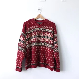 VINTAGE Abercrombie Fitch Sweater Large Red V Neck Nordic Heavy Knit 90s Holiday - Picture 1 of 12
