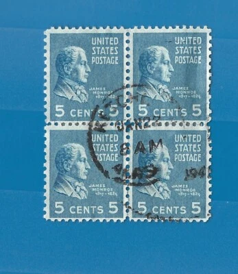 5¢ J. Monroe: plate block. blue. stamp. us. postage. good, used.SKU 37 - Image 1 of 2