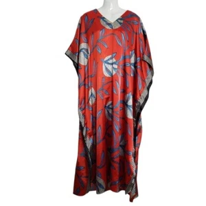 Vintage rot blau Blattmuster Kaftan weiß Lotus Loungewear Einheitsgröße Freizeit - Bild 1 von 16